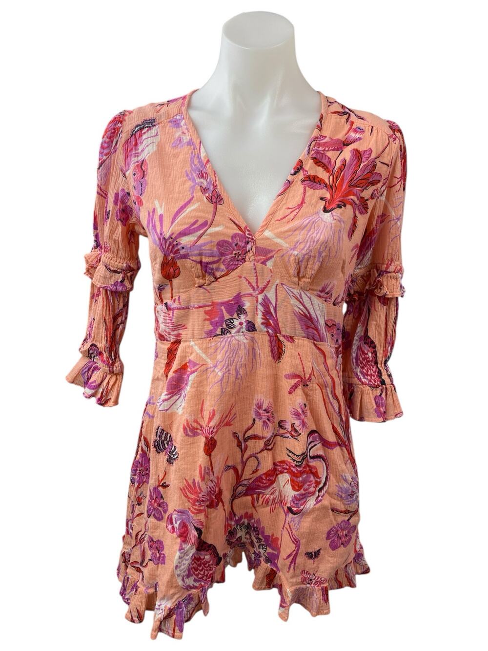 Banjanan Masie Apricot Floral Ruffle 3/4 Puff Sleeve V Neck Mini A-Line Dress M